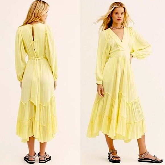 Free People Shiny I Need To Know Maxi Midi Dress Butter Yellow - Picture 3 of 14